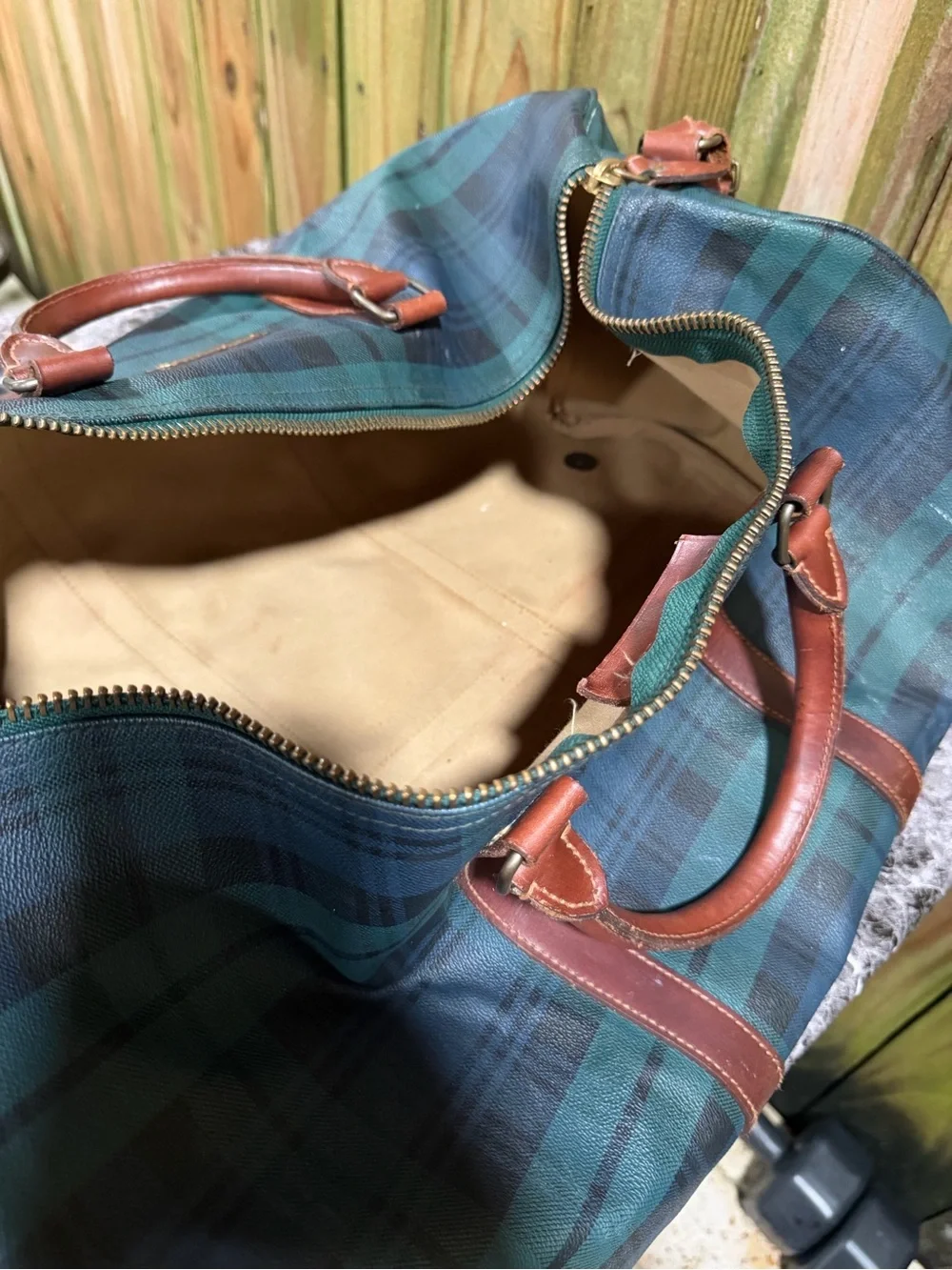 Polo by Ralph Lauren Dark Green and Navy Plaid Leather-Trim Duffel
